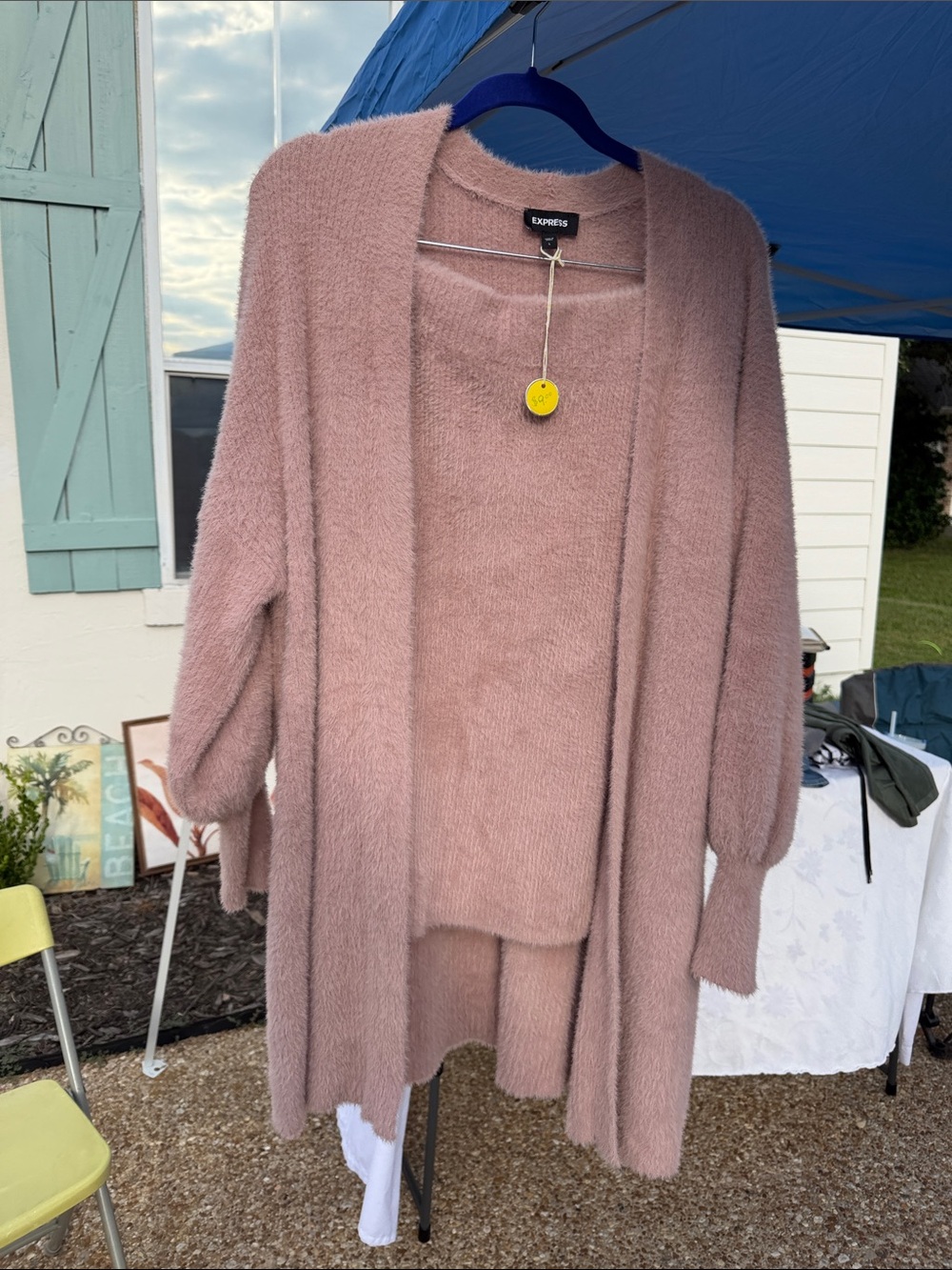 Express Dusty Rose Open-Front Fuzzy Cardigan and matching skirt